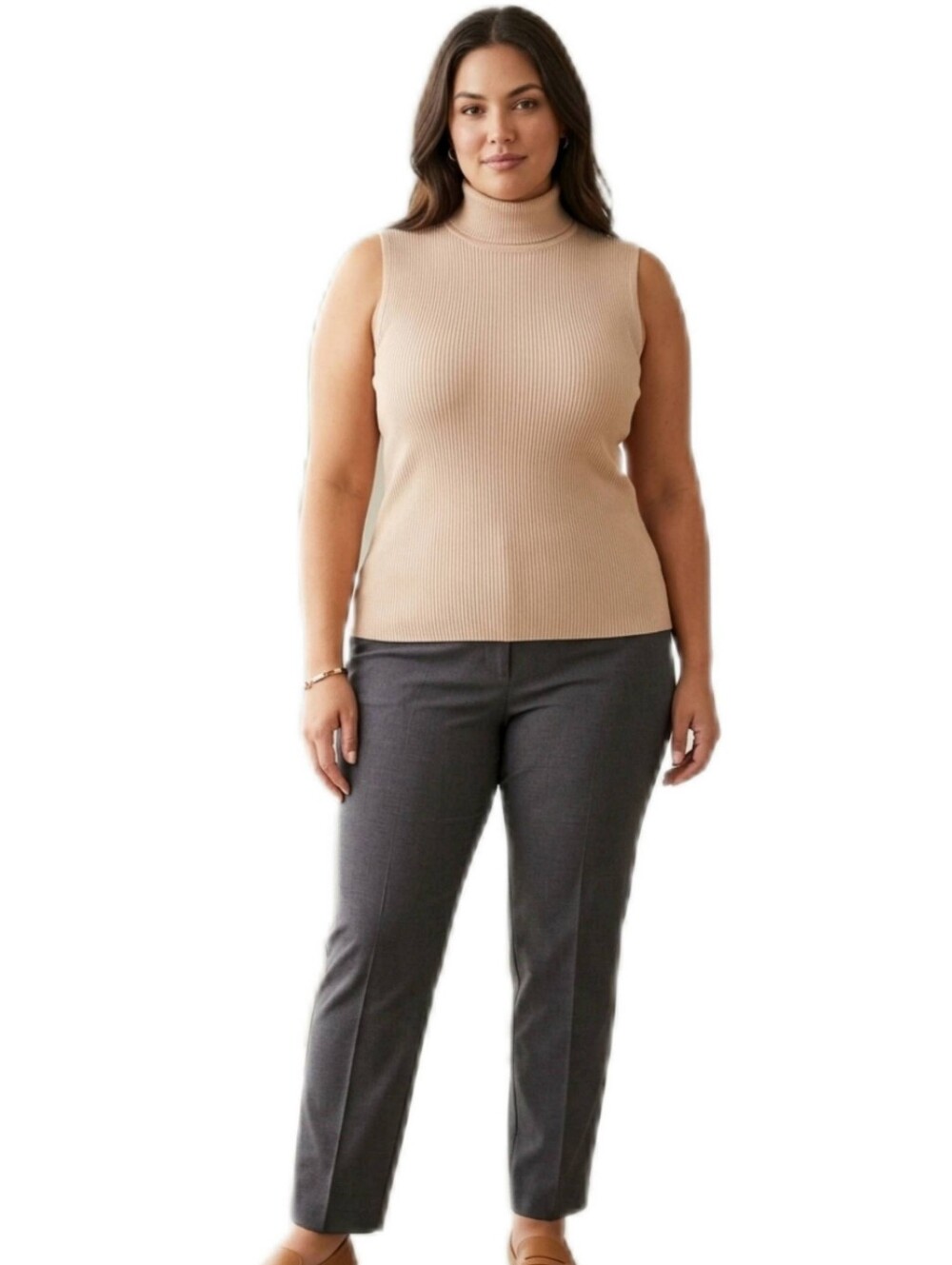 Anne Klein Women's Ribbed Mock Neck Shell Top - Tan/Beige - XL